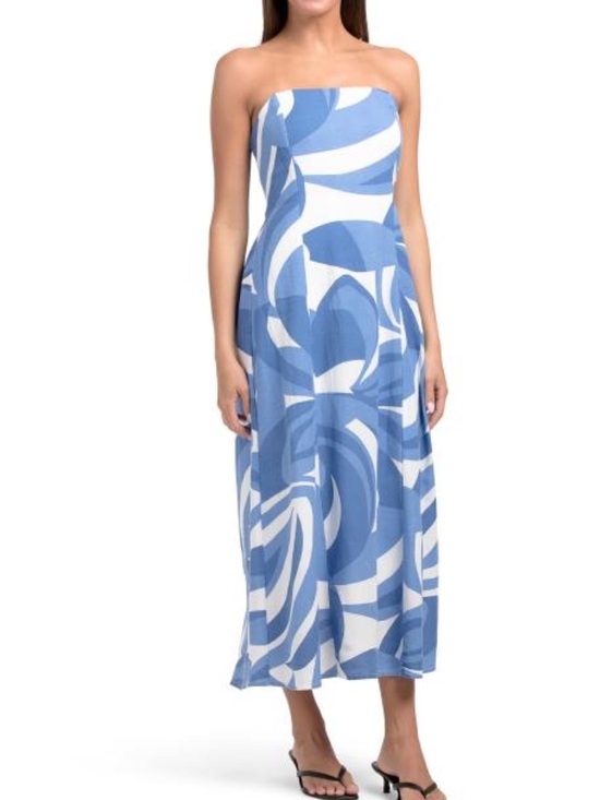 Japna Dresses & Skirts - Japna Strapless Blue & White Swirl Midi Dress